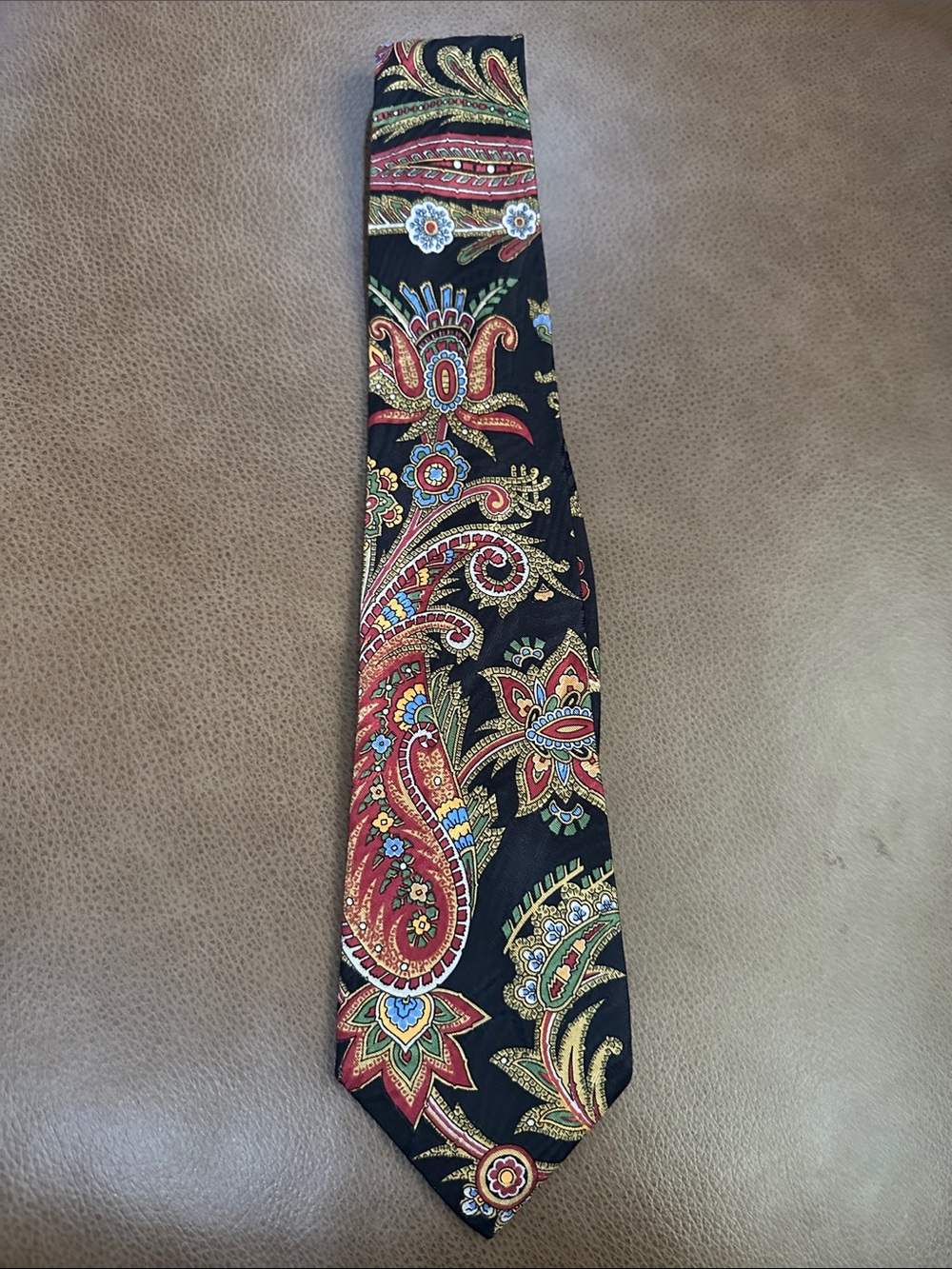 Burberry Black Paisley Tie with Red, Gold and Blue Accents